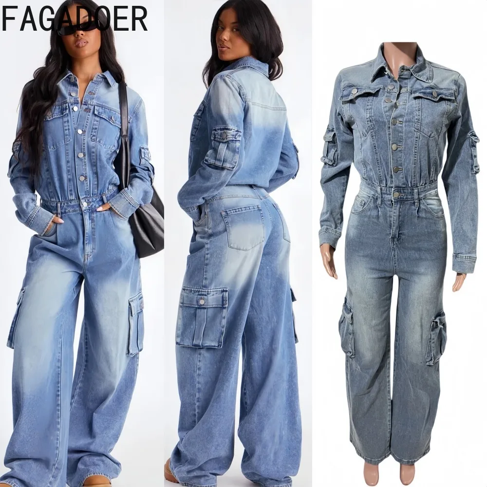 

FAGADOER Fashion Denim Bodycon Jumpsuits Woman Solid Long Sleeves Cargo Pocket Patchwork Rompers Female Streetwear Overalls New