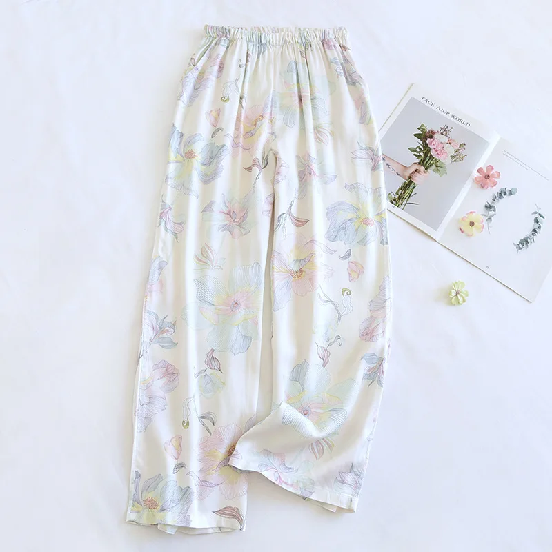 2024 Summer New Women\'s Sleeping Pants Viscous Fiber Gongsatin Thin Wide Leg Pants Printed Loose Mouth Home Pants Ladies Cute