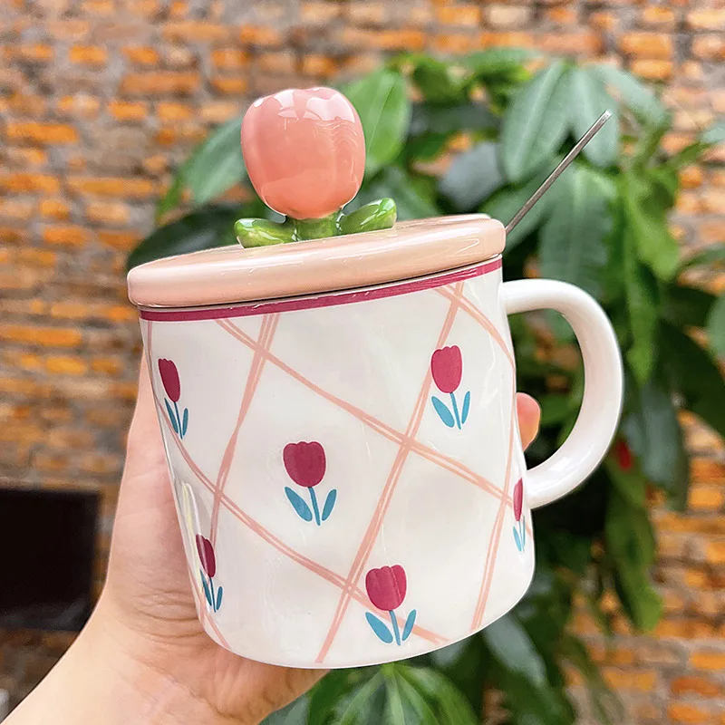 350ml Cute Tulip Water Cup Girl Heart Student Gift Ceramic Cups with Lid Spoon Office Mug High Appearanc Level To Go Coffee Cup