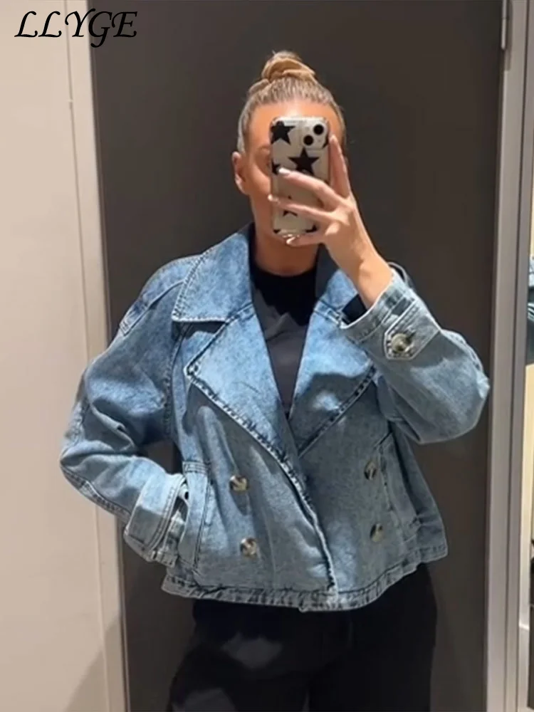 

Винтажные женские короткие джинсовые куртки, повседневные двубортные женские пальто с лацканами и длинными рукавами, весна 2024, женская однотонная верхняя одежда