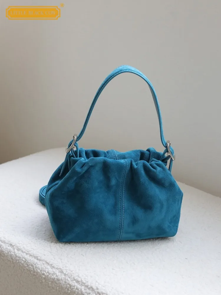 

Office Ladies Buckle Cowskin Single Suede Sheepskin Genuine Leather Solid Color Women Designer Shoulder Underarm Crossbody Bag