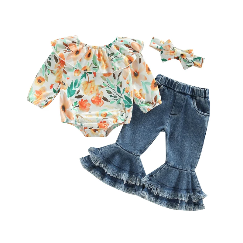 

Autumn Newborn Baby Girls Clothes Set Long Sleeve Floral Romper Tops + Denim Flared Pants + Headband 3PCS Clothes Outfits