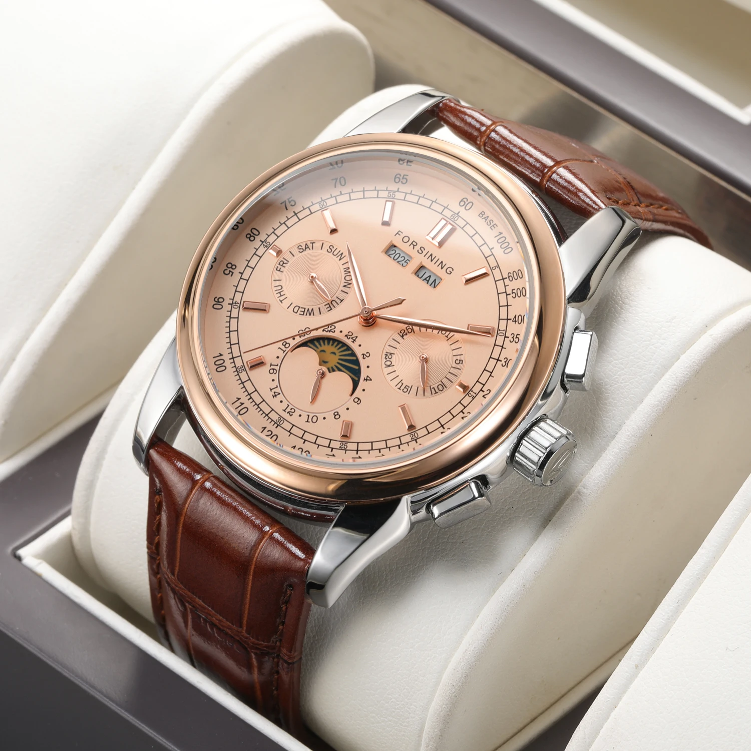 Forsining Retro Mechancial Watches Moon Phase Brown Leather Strap  Rose Gold Case Luxury Brand Business Automatic Mens Watches
