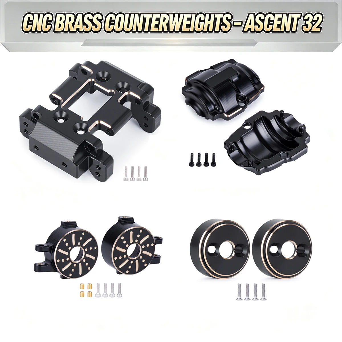 CNC Brass Upgrade Kit for Redcat Ascent-32 1/32 RC Crawler –Black Coated Diff Cover, Steering Knuckles, RearWeights & Skid Plate