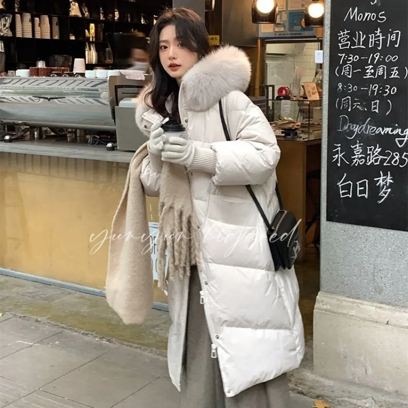 Winter Women's Long Hooded Down Coat Fashion Luxury Hair Collar Double Placket Thickened Warm White Duck Down Tops Down Jacket