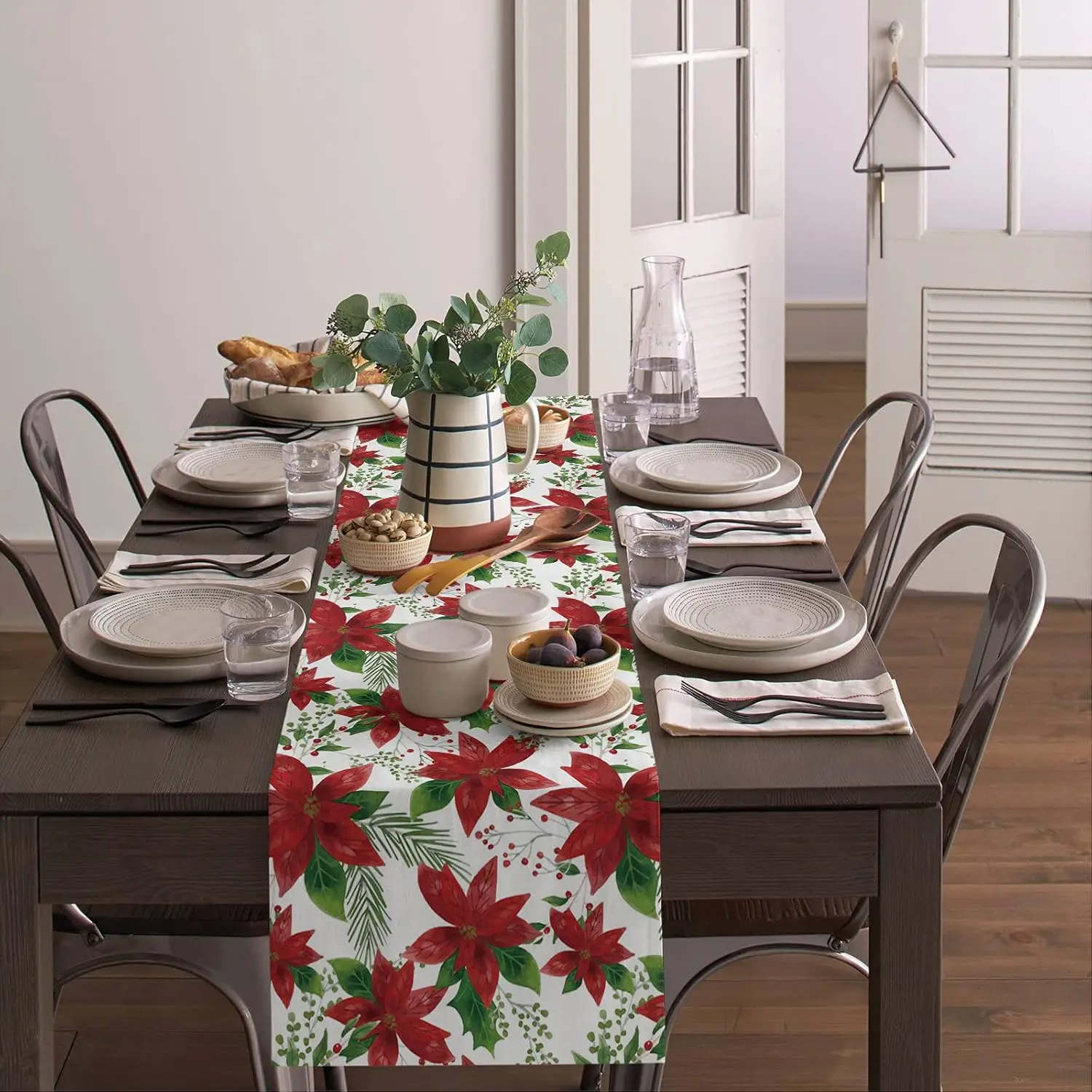 Christmas Poinsettia Flowers Linen Table Runner Party Decor Winter Xmas Holly Berry Kitchen Table Runners Christmas Decorations