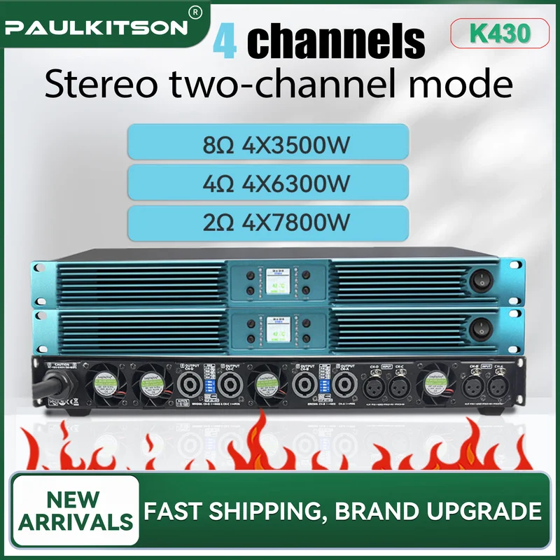 Paulkitson K430 4‑Channel Professional Power Amplifier Class‑D 2Ω 4×7800W High Power Amp for Stage Concert Live Speaker System