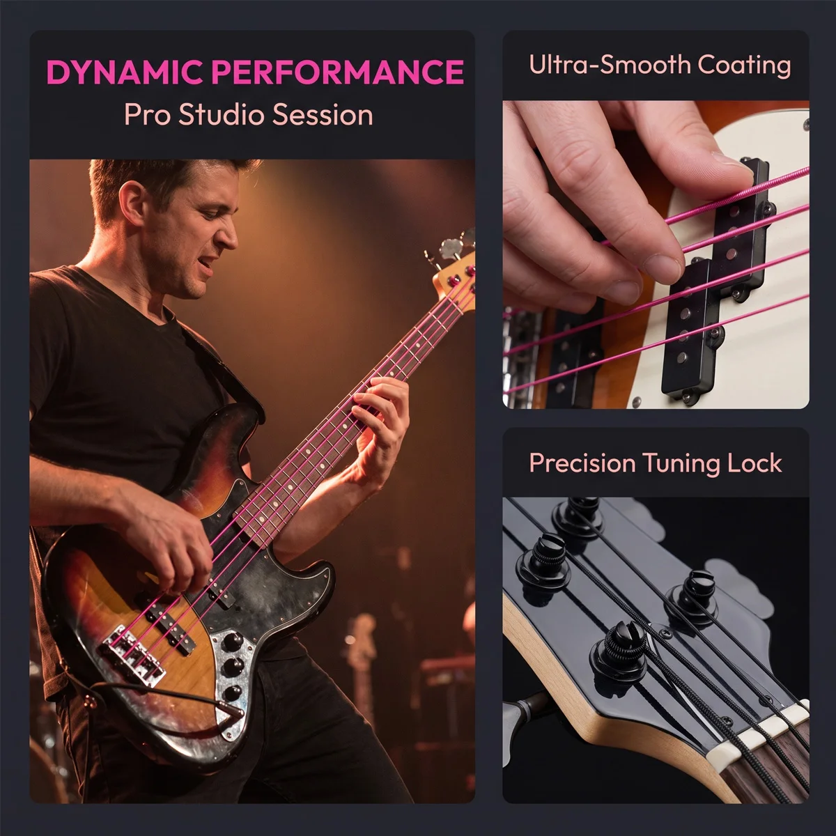 ZIKO Electric Bass Strings, 4/5/6 String Carbon Steel Hexagonal Alloy, Beginner & Professional Practice Strings Black Pink