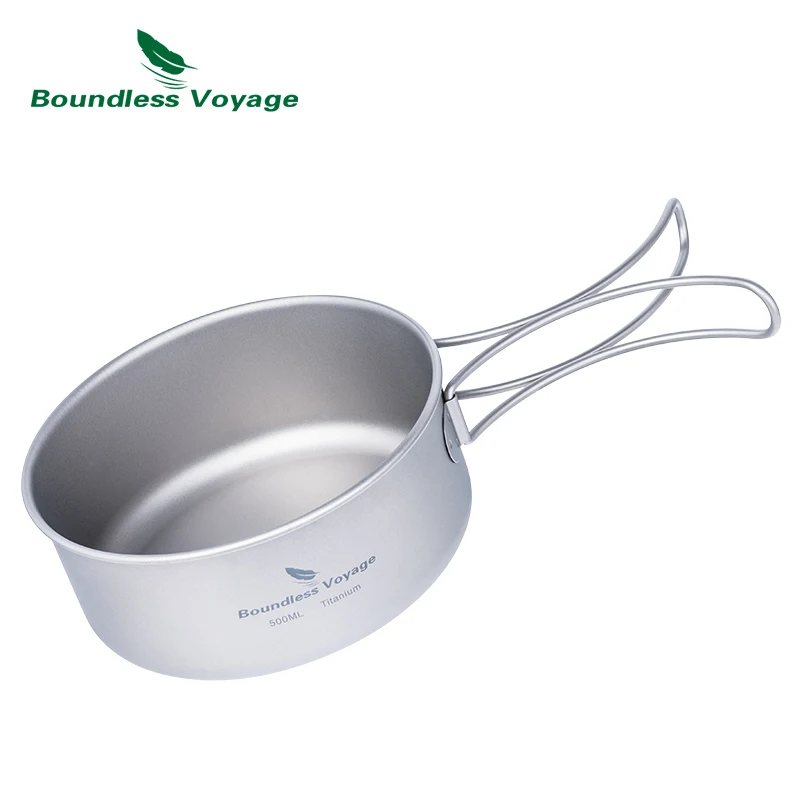 Boundless Voyage Camping Titanium Pot Pan Set Outdoor Cookware Cup Bowl for 1-2 Man Lightweight Cooking Kit with Folding Handle