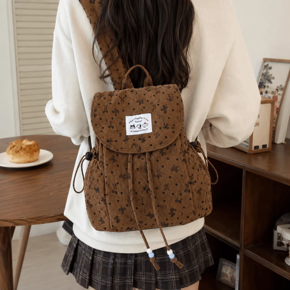 Lightweight Bow Print Corduroy Backpack Casual Simple Design Drawstring Daypack Large Capacity Versatile Bookbag Spring