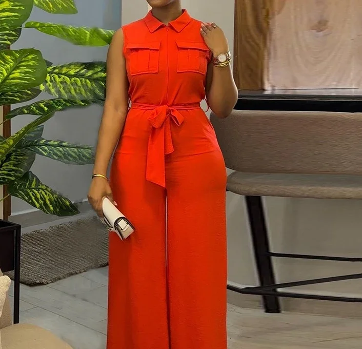 2024 Spring Women's Jumpsuit with Lapel Pocket and Waist Cinched Loose Solid Color Sleeveless Wide Leg Jumpsuit