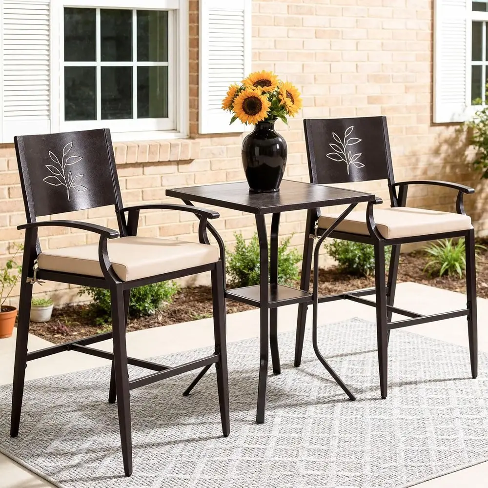

3-Piece Outdoor Bar Set, Bar Height Table and Stools with Stone Crystal Waterproo Top, High Top Table and Chairs with ootrest, W