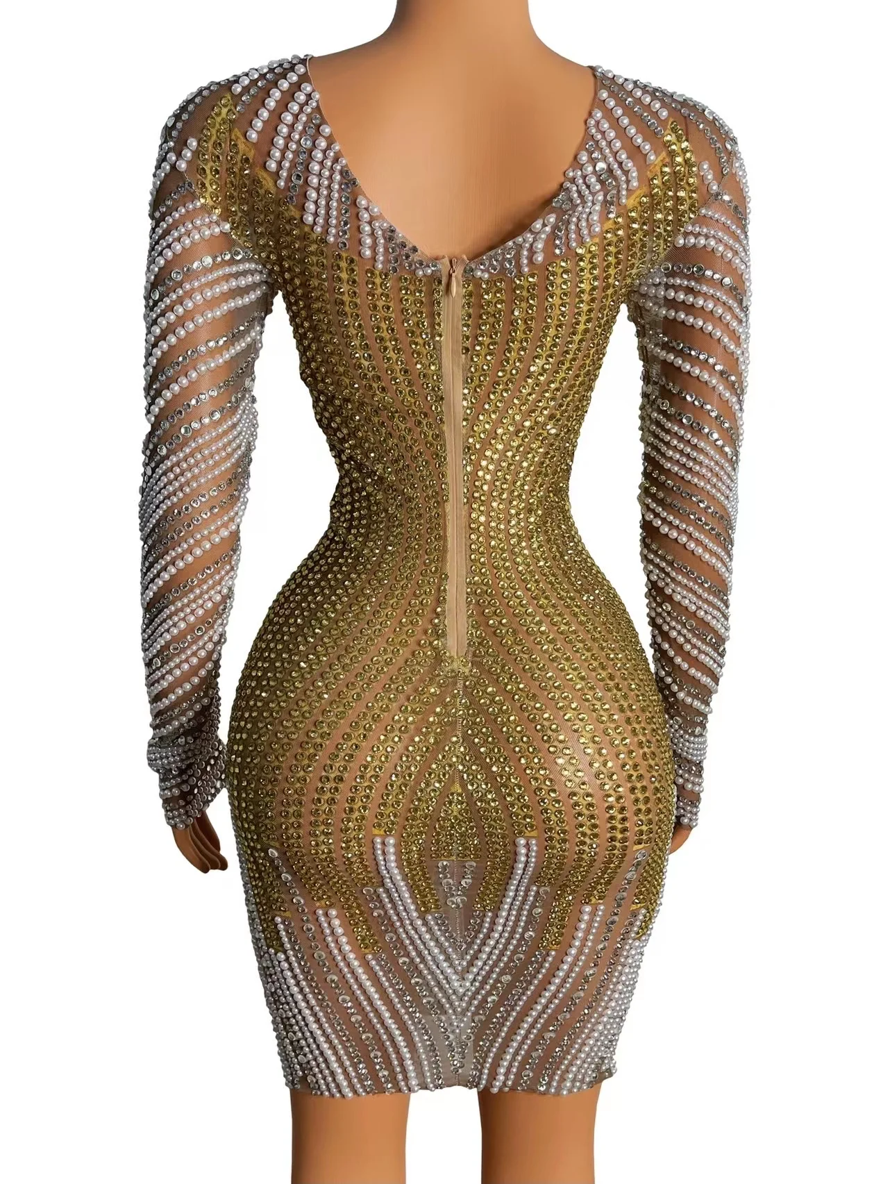 Classy Women Clothing Long Sleeve Beaded Crystal Full Rhinestone Bodycon Birthday Dress Party Club Vestidos Stage Show Costumes