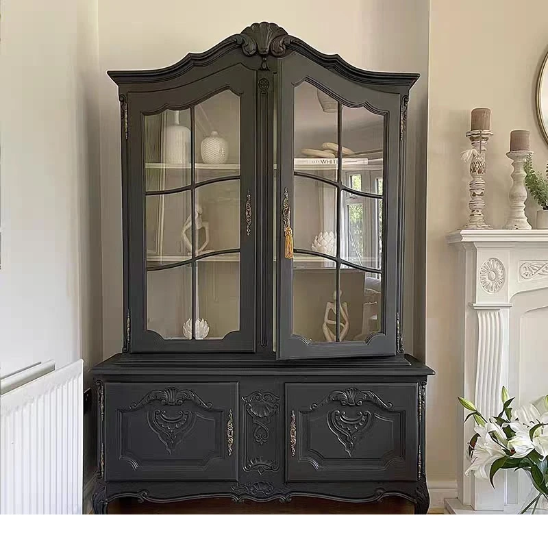 Display cabinet French retro solid wood wine cabinet European carved double door bookcase dining side cabinet