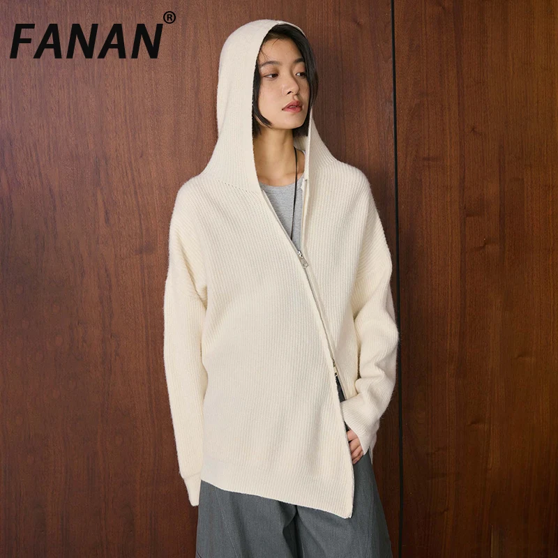 

FANAN Office Lady Knitting Cardigan Sweater For Women Hooded Design Irregular Zipper Loose Coats Female Clothing Winter New