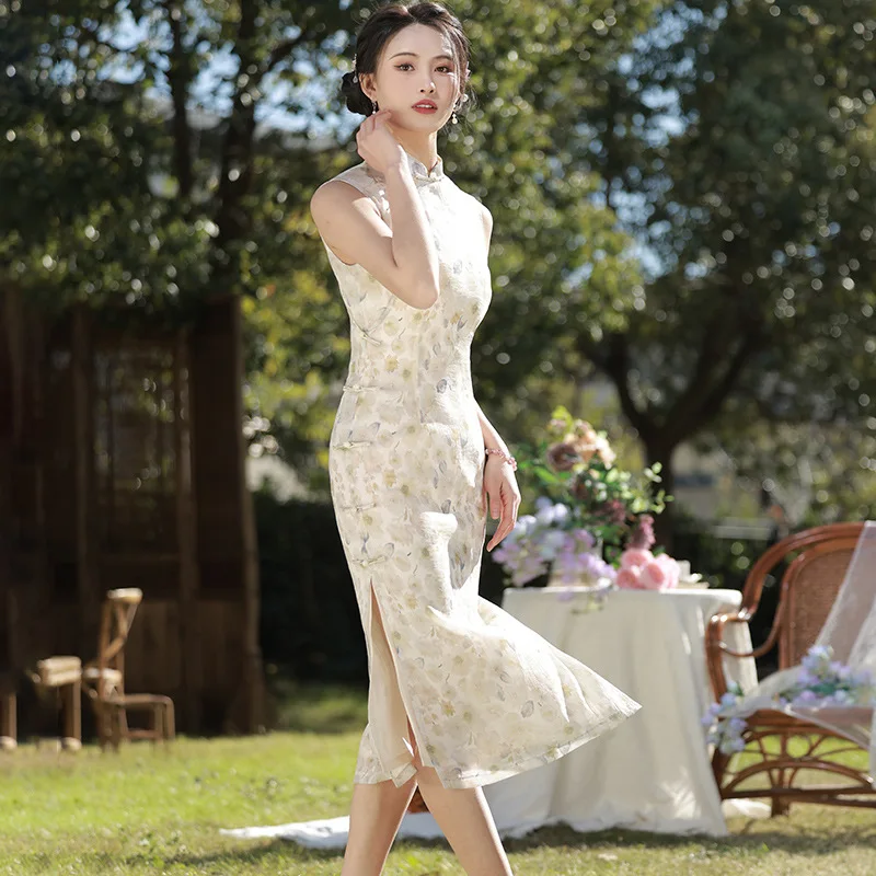 

Yourqipao Summer Printing Sleeveless Cheongsam Sexy Mature Retro Fashion Qipao Chinese Style Evening Wedding Dress for Women