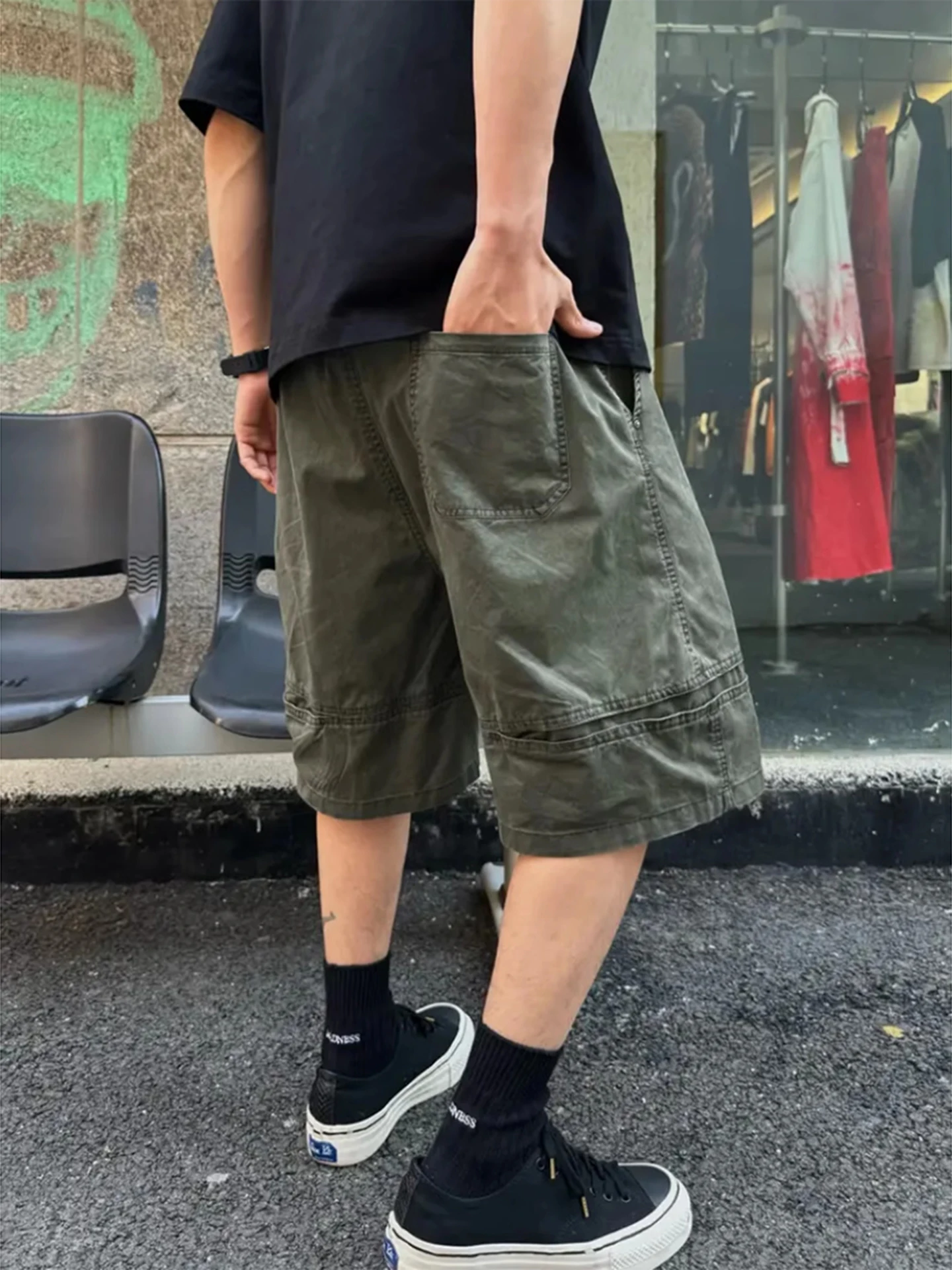 En مفكك الدنيم orts الرجال الصيف الأمريكية الرجعية المظلي ملابس العمل فضفاضة واسعة الساق خمسة أرباع السراويل #4