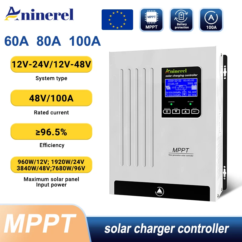 Aninerel 100A 80A 60A MPPT Solar-Laderegler 12V 24V 36V 48V Batterieladegerät Max 150V Hintergrundbeleuchtetes LCD Solar-Reguliergerät