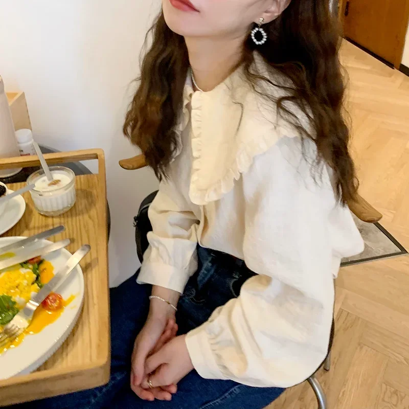 

Рубашки женские эстетические во французском стиле студенческие элегантные универсальные Ulzzang модные нежные Mujer с воротником Питера Пэна для отдыха ретро Ropa