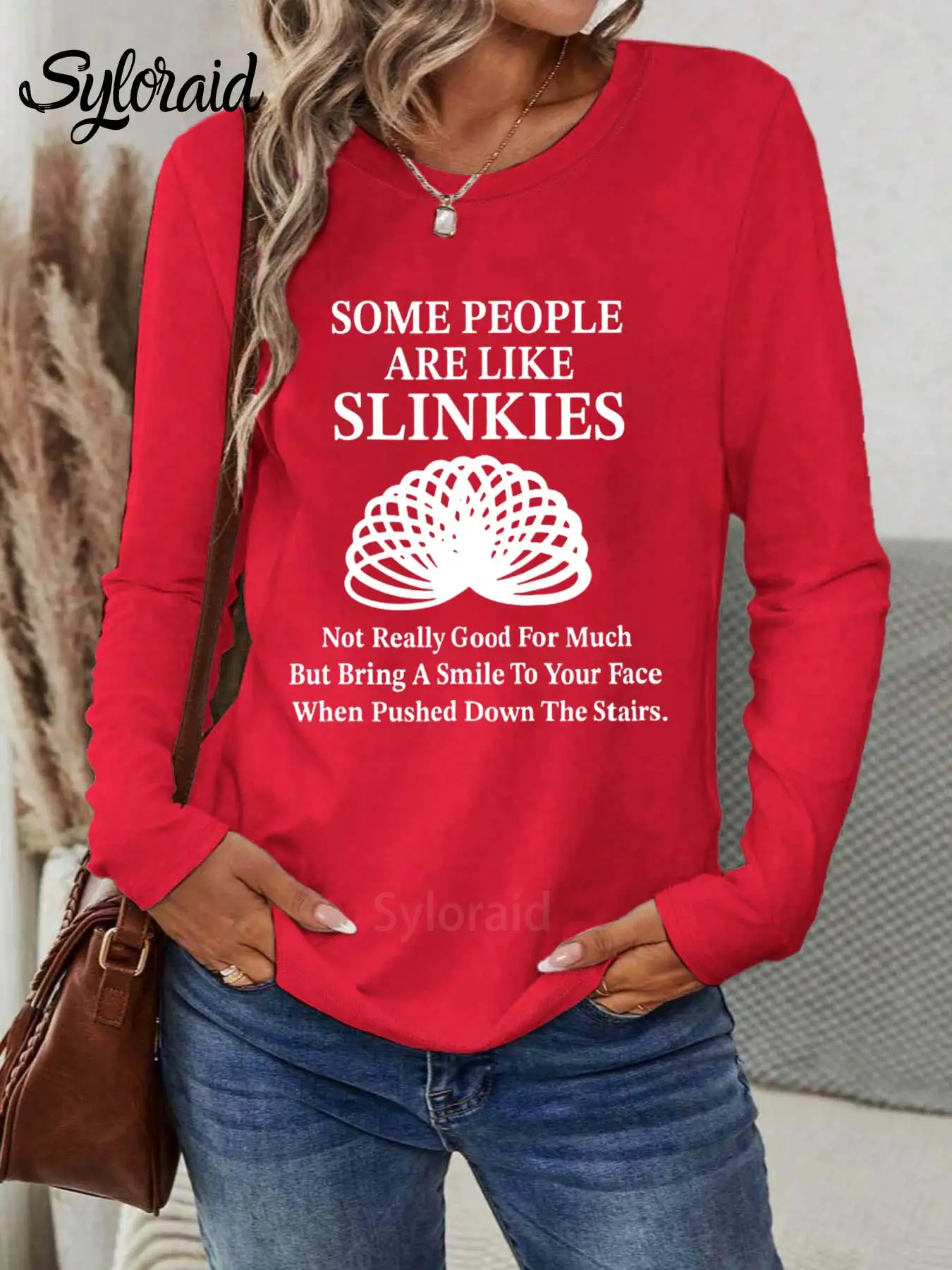 المرأة طويلة الأكمام تي شيرت روح الدعابة Slinkies تي شيرت مضحك إقتباس قميص الساخرة إقتباس المحملة موضة الجولة الرقبة رداء علوي غير رسمي #3