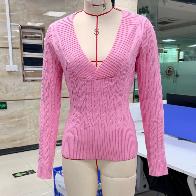 

Женский розовый вязаный свитер с длинными рукавами, осень 2026, модный пуловер с v-образным вырезом, деловой повседневный рабочий осенний наряд