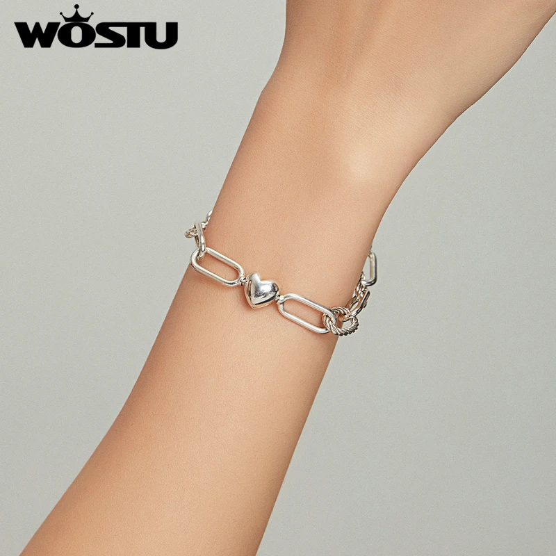 WOSTU Silver Paper Clip Bracelet 925 Sterling Silver Heart Love Chain Bracelets for Women Engagement Jewelry Gift CQB202