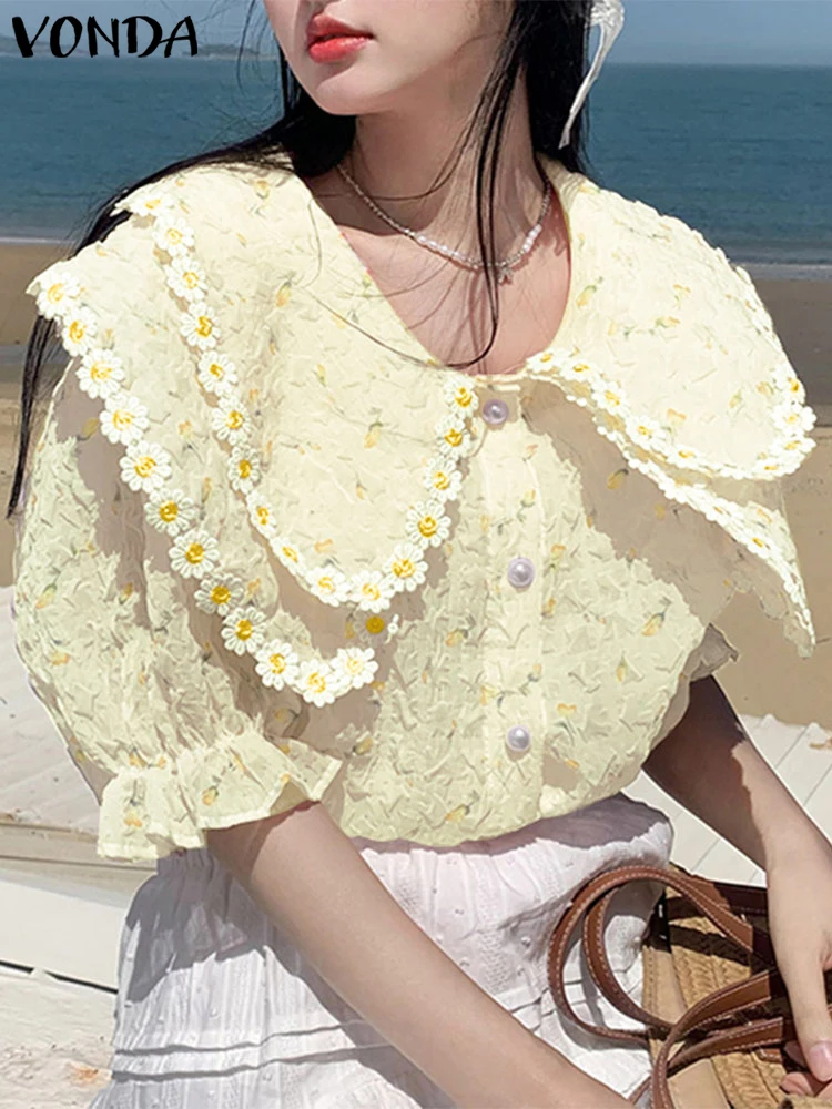 VONDA kwiatowy Print koszula damska letnie topy z krótkim rękawem moda koronkowy Patchwork Blusas Streetwear topy Tee tunika Oversize