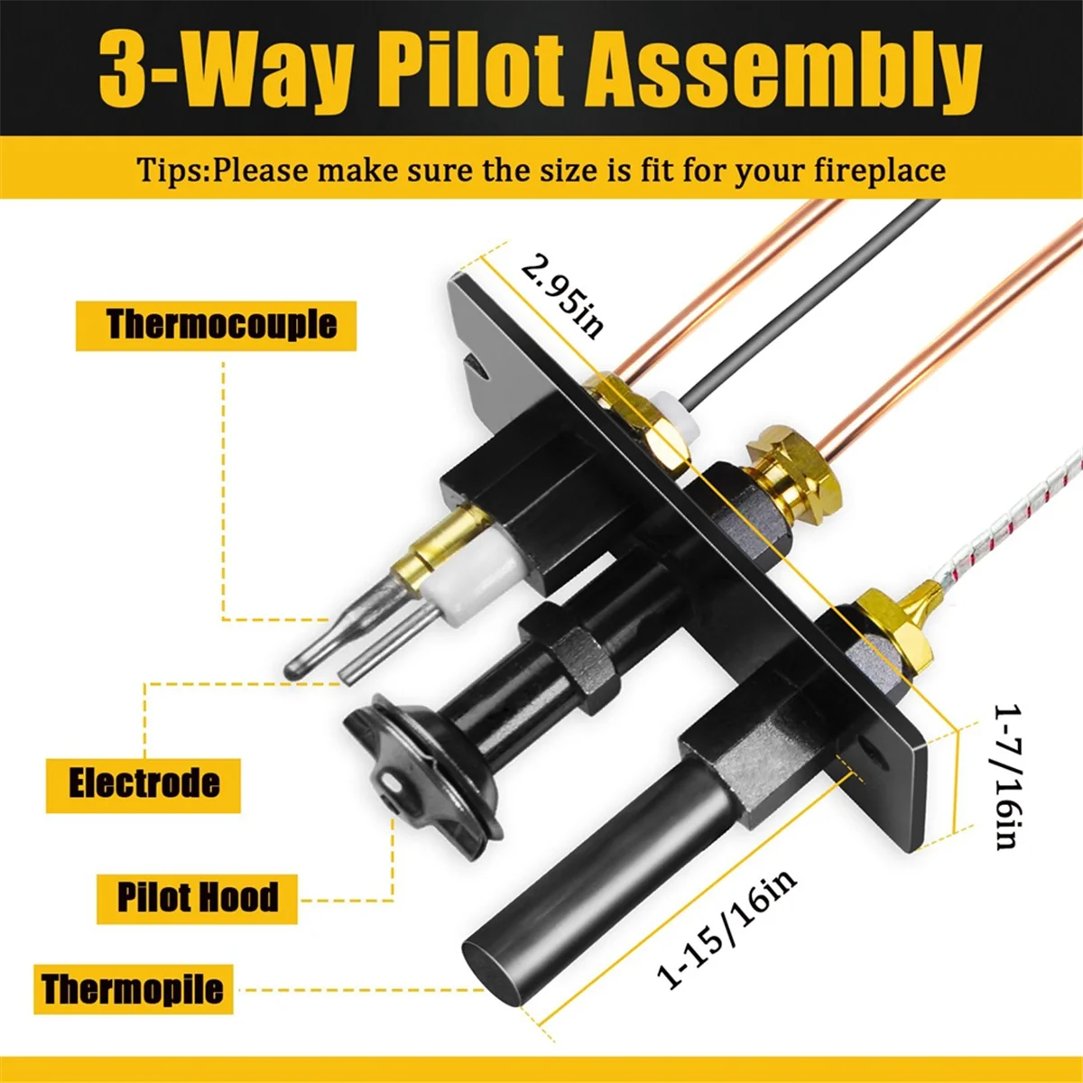 10002264 Propane and Natural Gas Pilot Assembly, 10002265 LP & NG 3 Way Pilot Replacement for Majestic, Temco, Fireplace