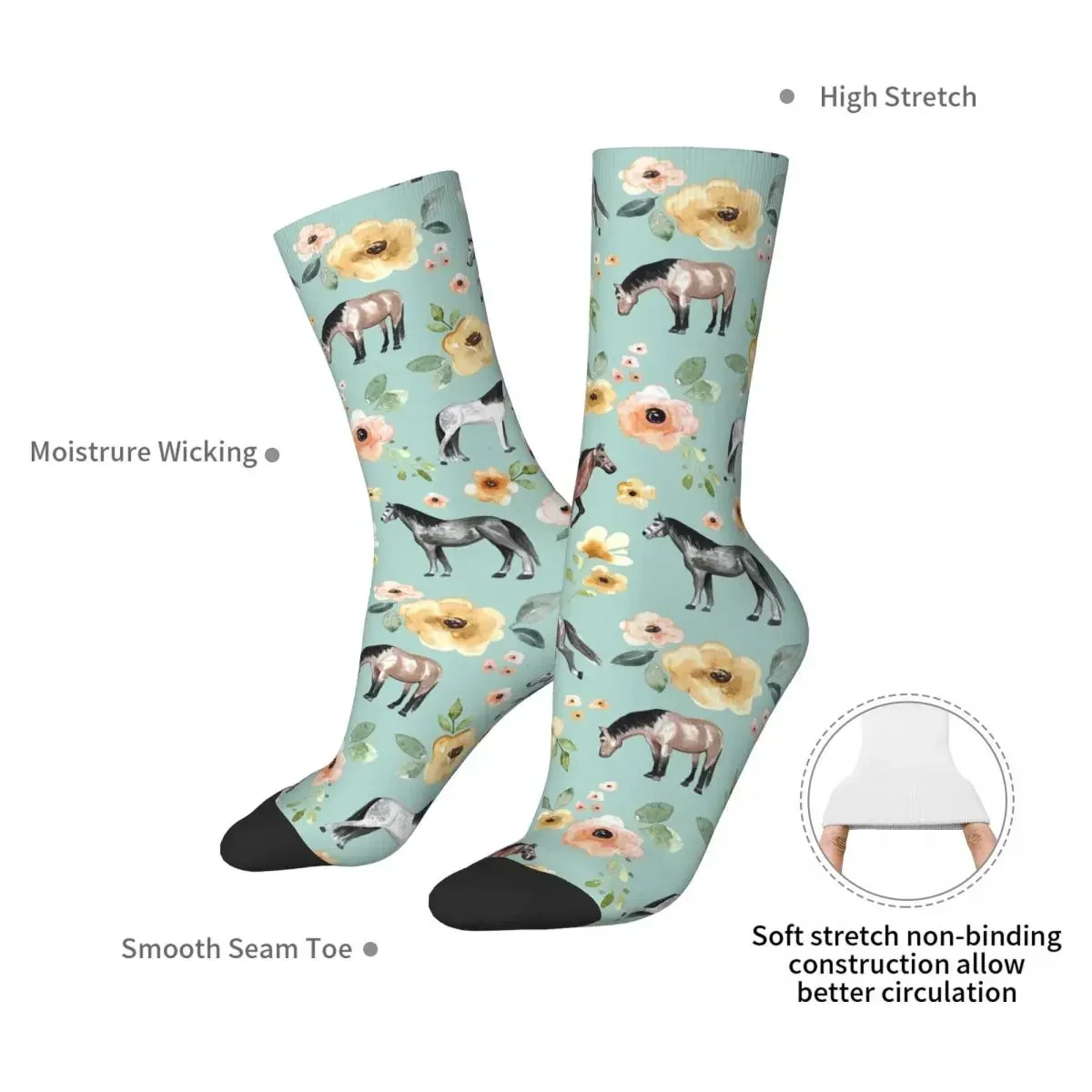 Horses With Flowers, Sunrise Floral, Blue, Horse Decor, Socks Harajuku High Quality Stockings All Season Long Socks Accessories