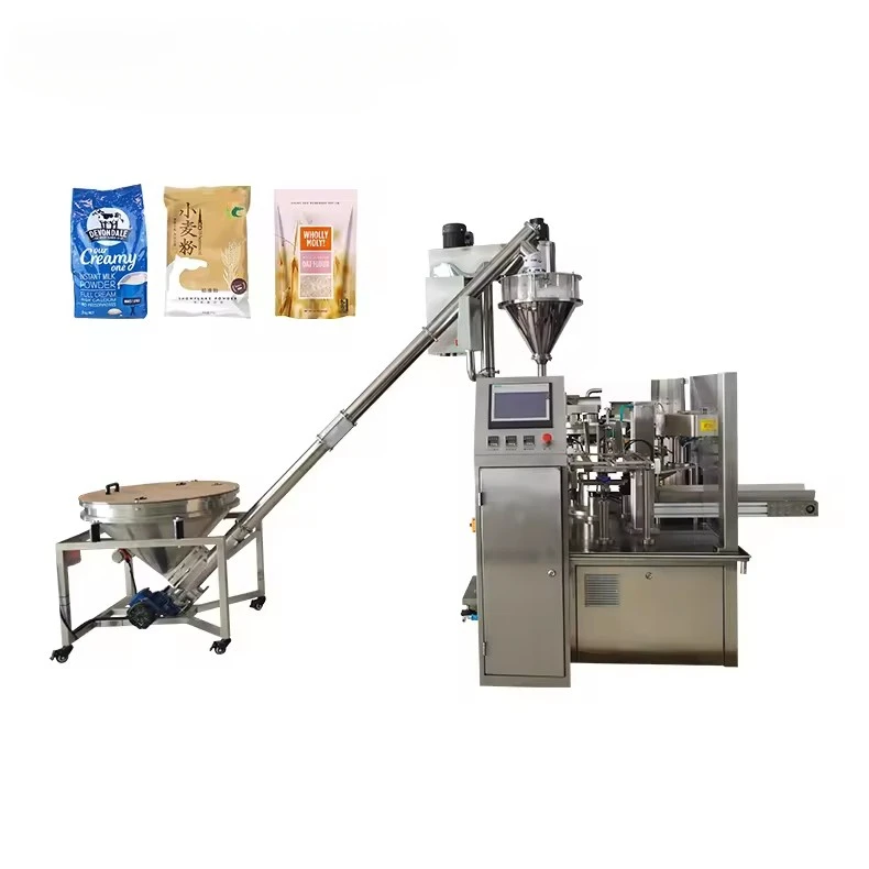 Harina de tapioca de trigo y maíz, especias, café, proteína, leche en polvo, bolsa Doypack, máquina envasadora de polvo rotativa prefabricada