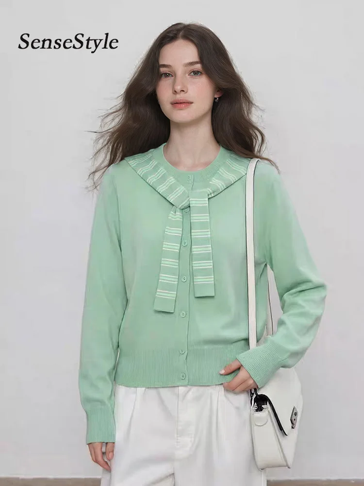 

Color-Block Striped Shawl Knitted Cardigan Women Spring 32%Wool Blend Round Neck Single Breasted Sweater