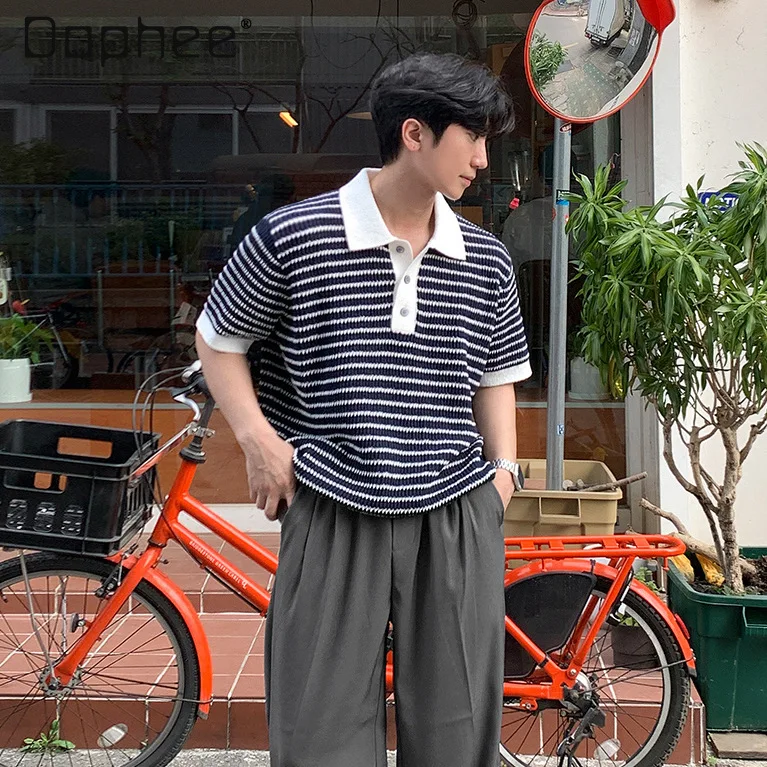 Men Summer Korean Style Navy Striped Knit Lapel Short Sleeve T-Shirt Loose Casual Daily Streetwear Vacation Green Polo Shirt