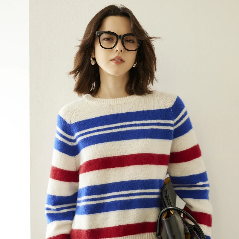 Women's sweater autumn/winter 100% pure cashmere pullover casual striped knitted Tops loose round neck Blouse thickened