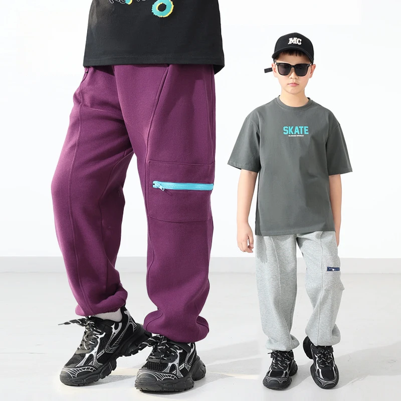 Kids Casual Jogger Pants Elastic Cuffs Side Zip Pocket Cotton Outdoor Sweatpants Trousers Boys Girls School Playtime Daily Wear