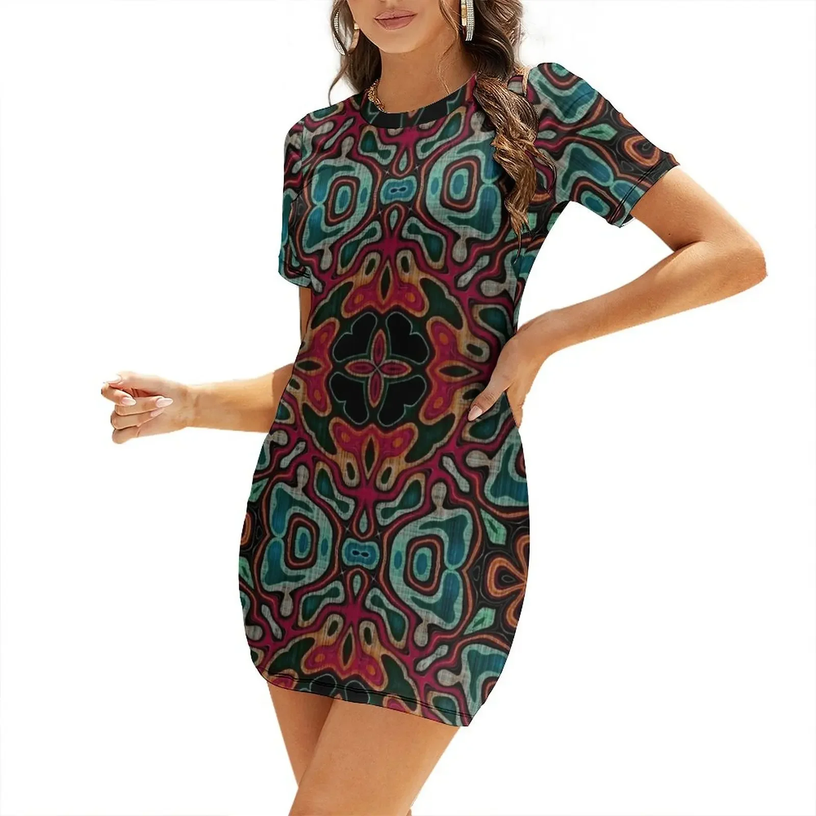 

Green Blue Teal Turquoise Orange Red Hip Orient Bali Art Short-Sleeved Dress Party dresses for women Party dresses