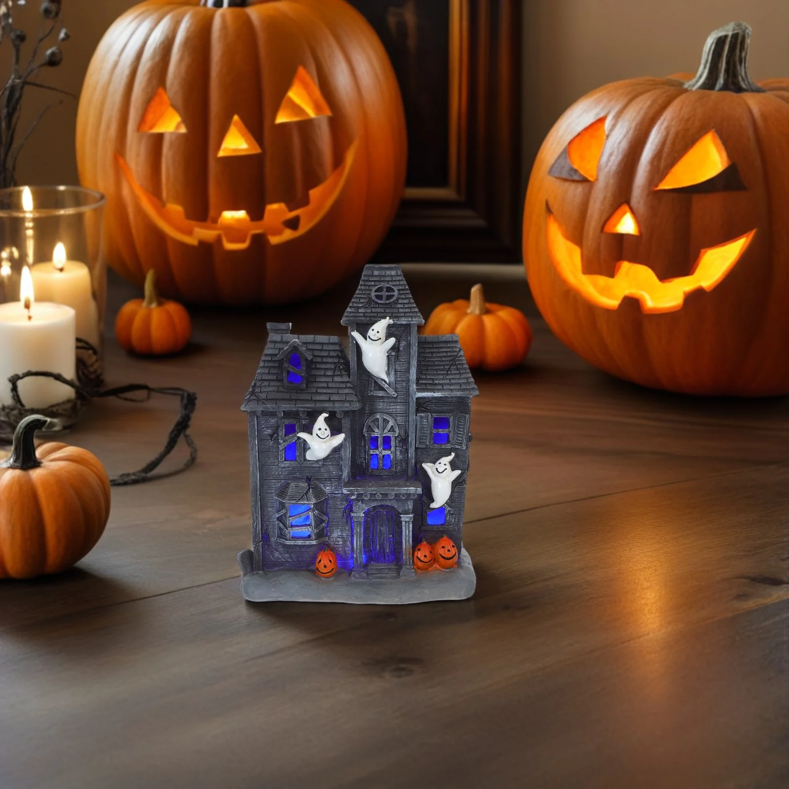 

Halloween Glowing Haunted House Ornament Party Scary Ghost Decor Light up Statue Desktop Spooky Statuette Village LED