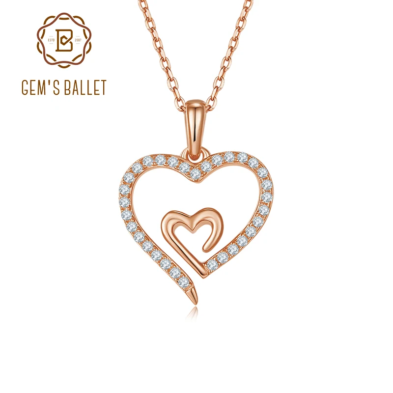 GEM'S BALLET Love Forever Heart Moissanite Necklace 925 Sterling Silver Heart to Heart Delicate Wedding Necklace for Women