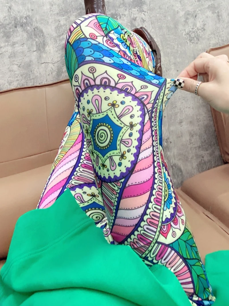 

Trendy Thin Printed Yoga Pants Women's High Waist Tight Fit Elastic Base Layer Pants Loose Fit Long Pants