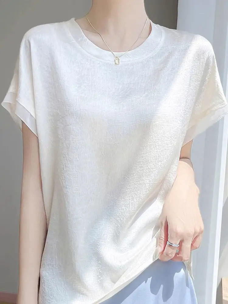 エレガントなサテン半袖ラウンドネック Tシャツ女性のシンプルな夏のルーズ薄いスタイルトップ快適な通気性のあるピュアカラー