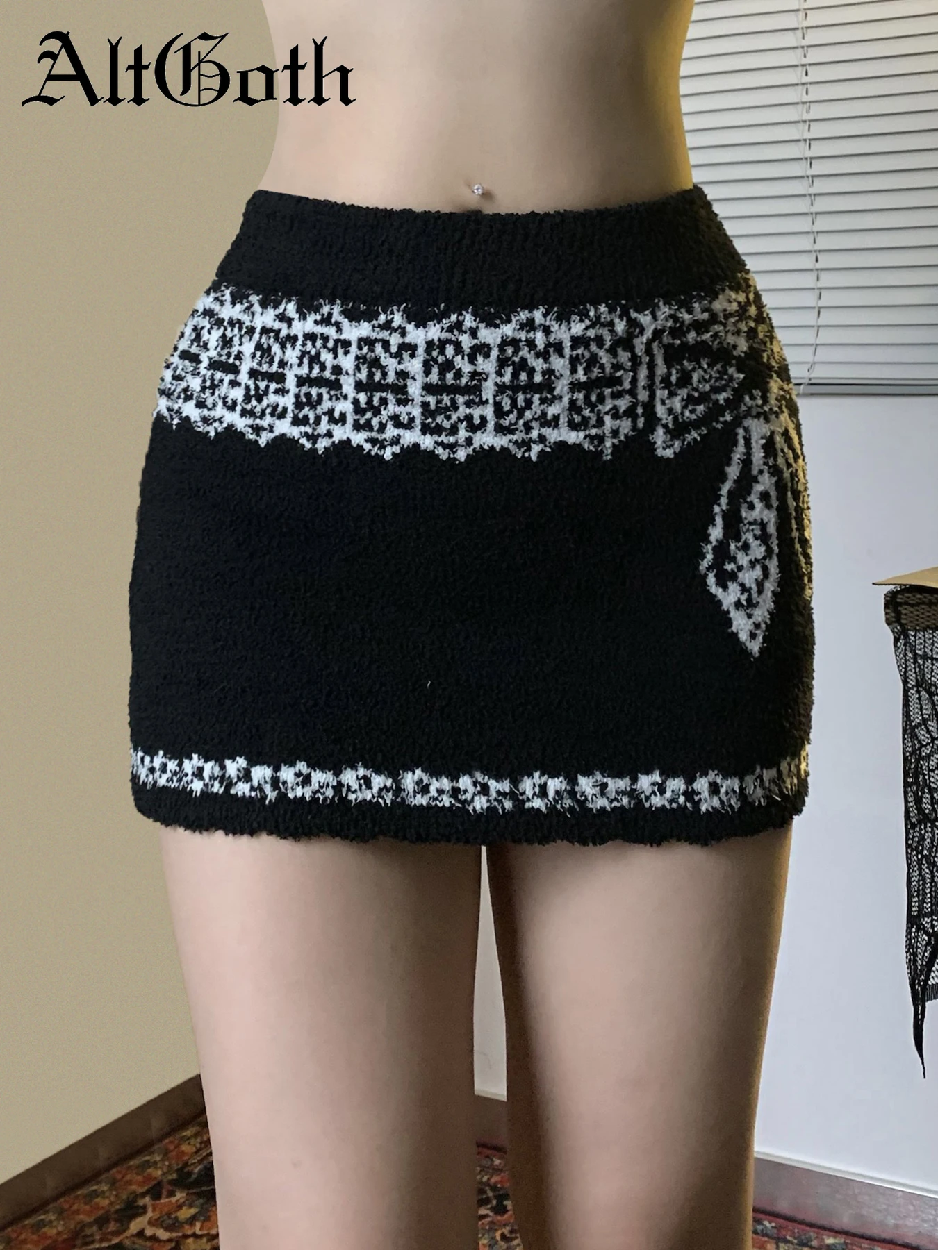 

AltGoth Hotsweet Christmas Knitted Skirt Women Pastel Goth Streetwear Bow Pattern High Waist Skirt Y2k E-girl Fairy Grunge Skirt