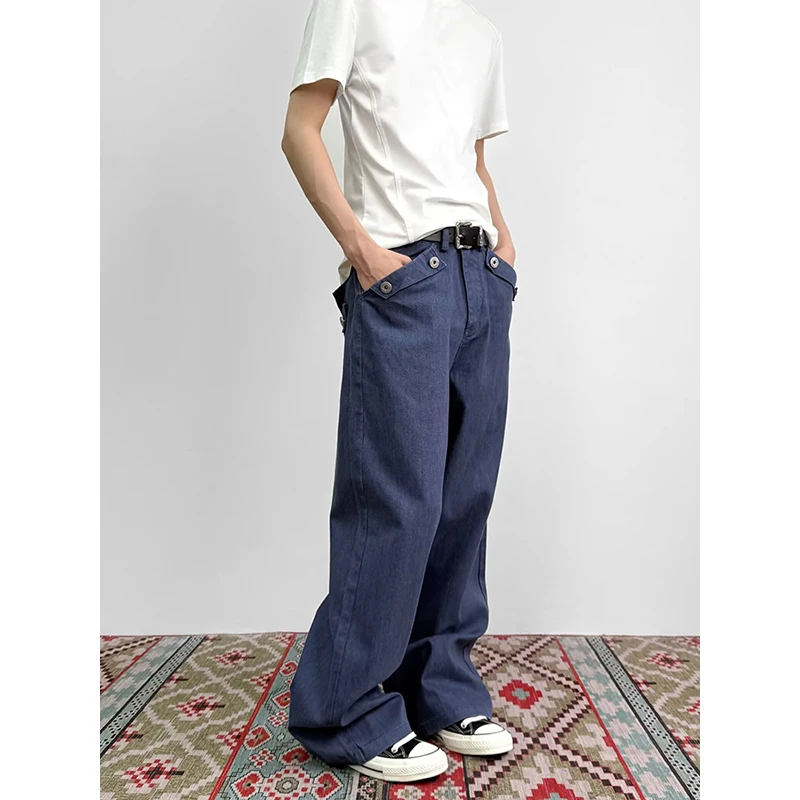 American Retro Wide Leg Straight Jeans  Man's Multiple Buttons Original Blue Summer Loose Long Pants Jeans