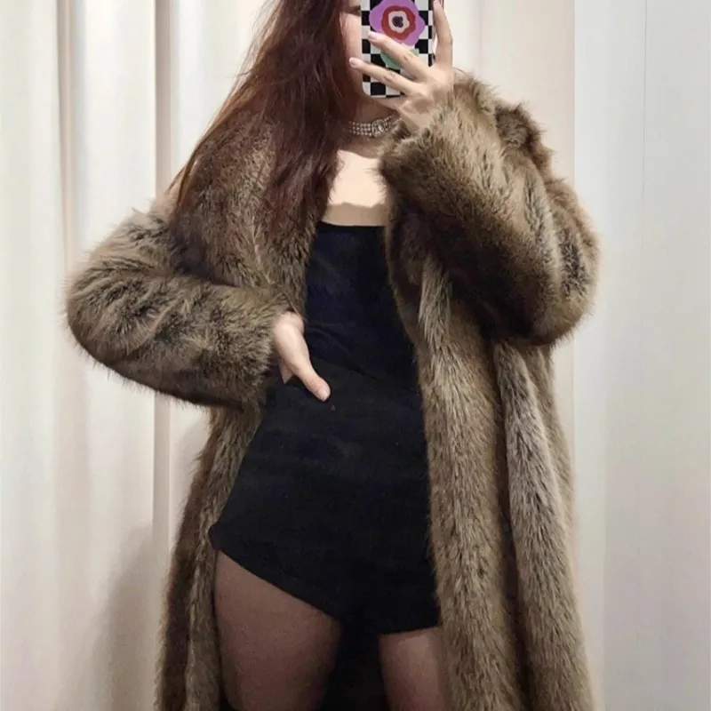 2025 New Faux Fur Long Length Coat with Shawl Collar Imitation Fox Fur Style Long and Warm Outerwear shawl collar Thick Jackets