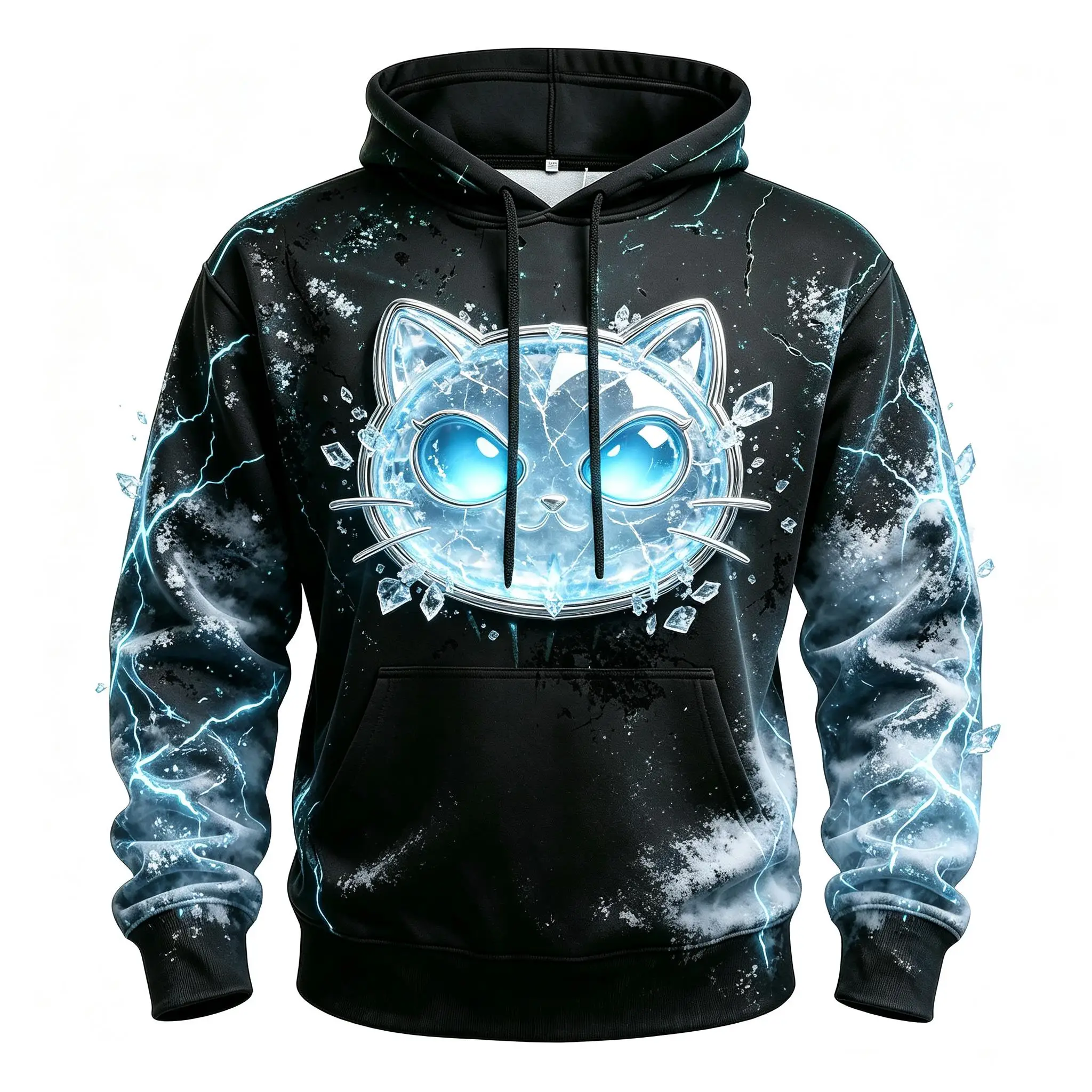 Men's Cyber Neon Cat Mask Lightning Crack Full Print Hoodie Gothic Long Sleeve Hooded Sweatshirt For Festival Wear
