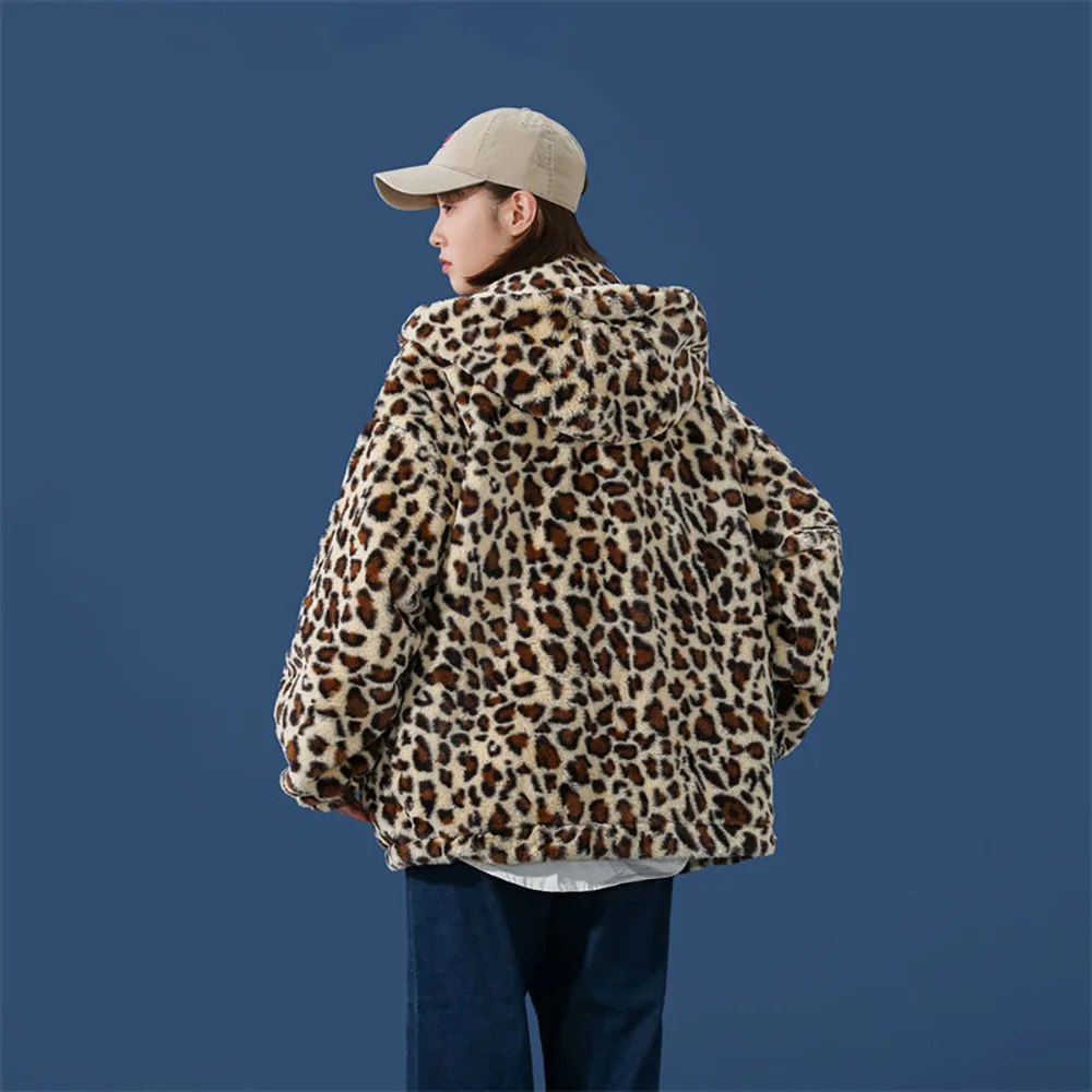 Winter Loose Cotton-padded Men's Coat Lamb Plush Imitation Rabbit Hair Fashion Couple Leopard Print Cotton-padded Jacket  Tide.