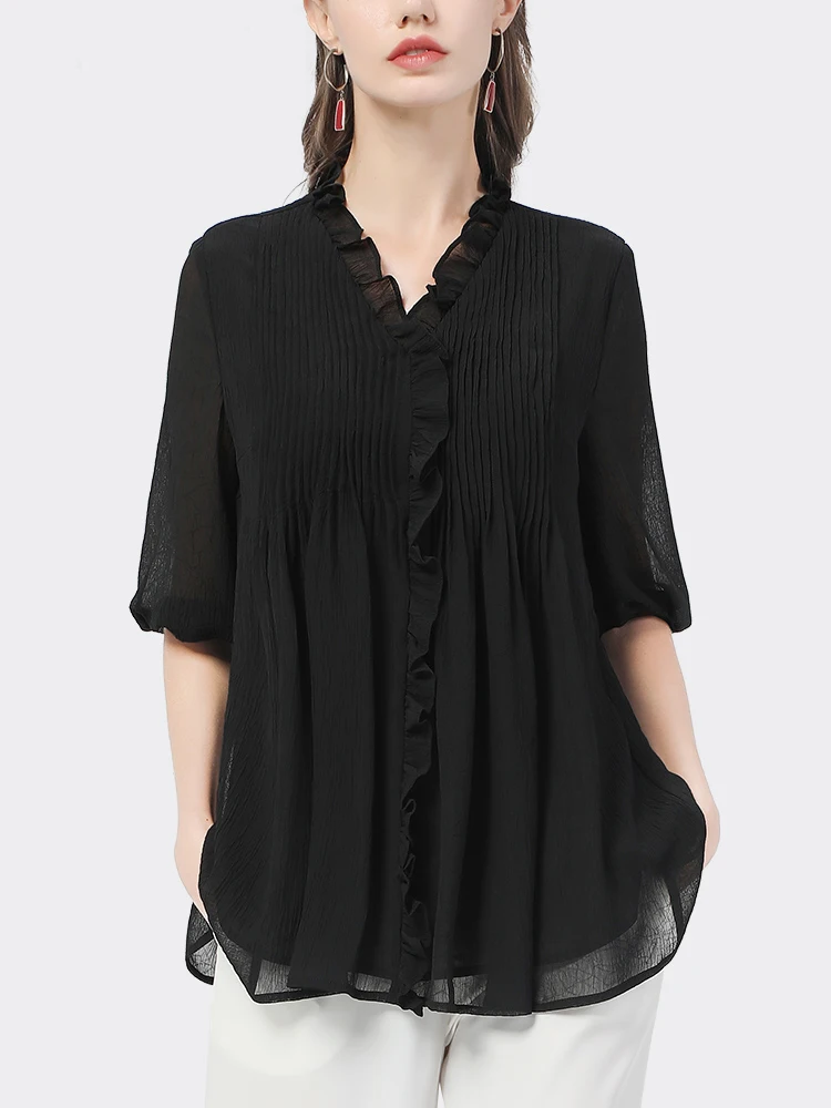 Plus Size Chiffon Blouse Women Summer Loose Cover Belly Slim Look Tops V-Neck Short Sleeve Front Pleated Ruffled Casual Shirts