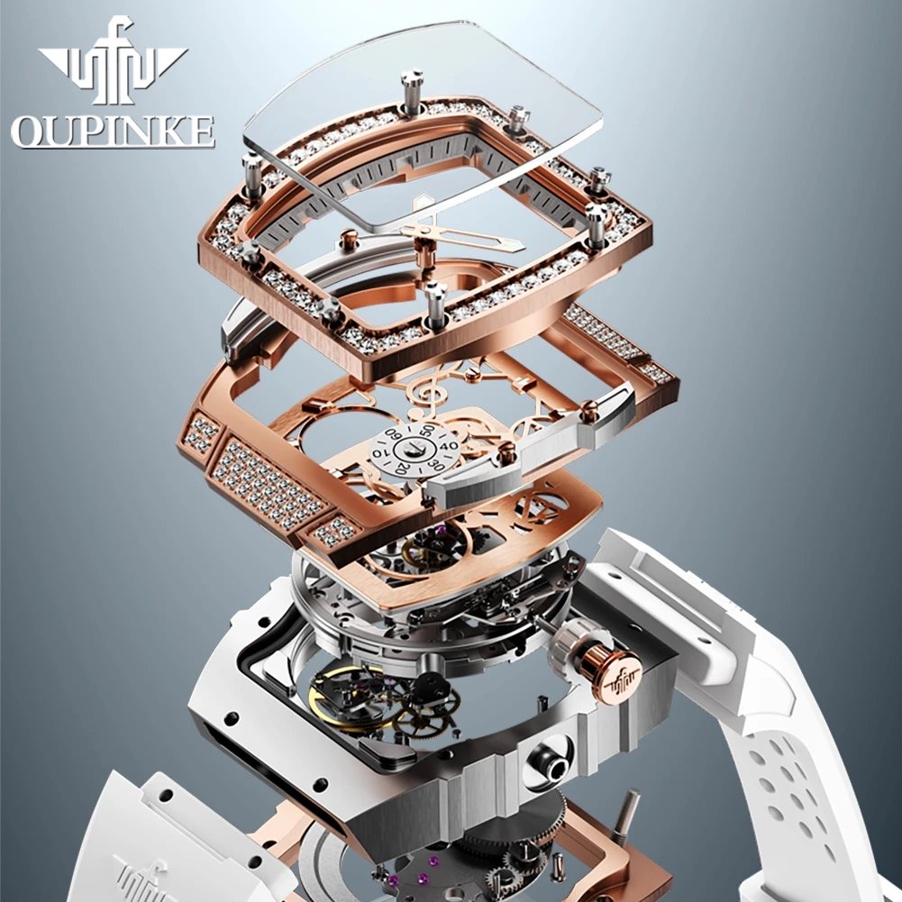 OUPINKE 3220 Volano Hollow Orologio meccanico automatico da donna Tonneau Diamond Orologio da regalo da donna con zaffiro in silicone di lusso
