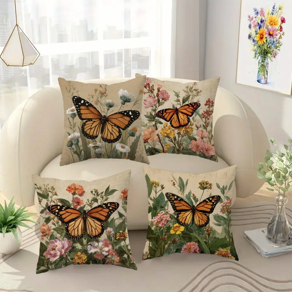 4Pcs Vintage Botanical Cushion Covers 45x45cm Double Sided Print Butterfly Flower Pillow Cases Decorative Pillowcase No Core