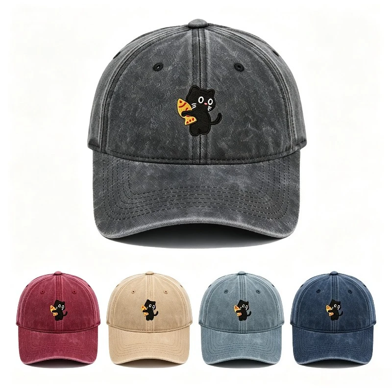 Vintage Washed Cute Black Cat Holding Pizza Embroidery Baseball Cap Unisex Adjustable Dad Hat Cartoon Casual Outdoor Sun Hat