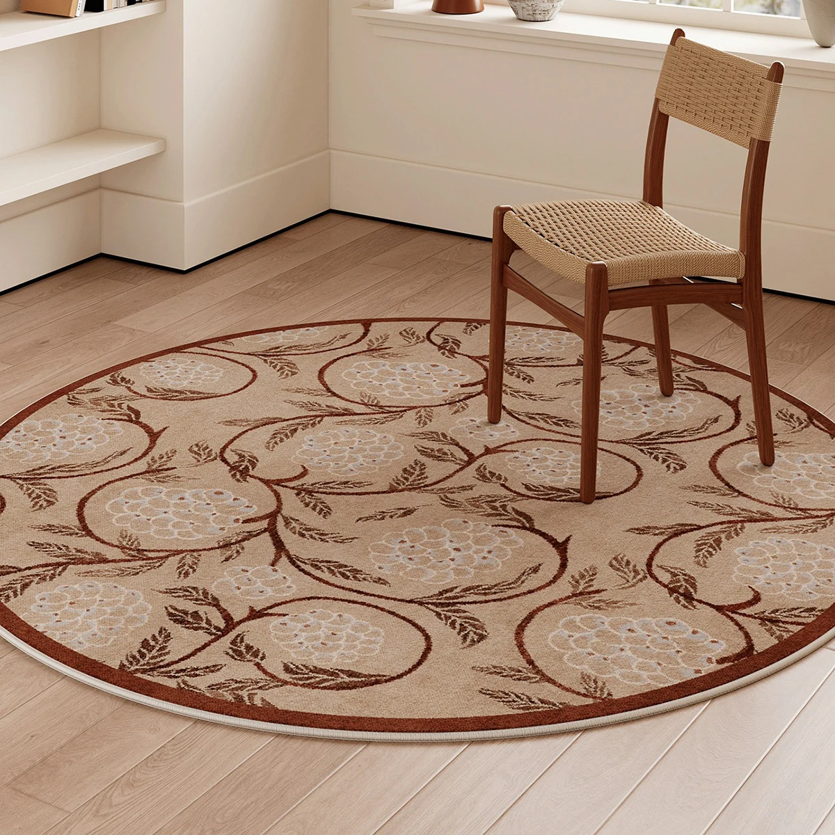 Retro Round Carpet for Living Room Light Luxury Floral Short Plush Floor Mat Bedroom Bedside Rugs Chair Mats Anti-slip Rug 원형러그