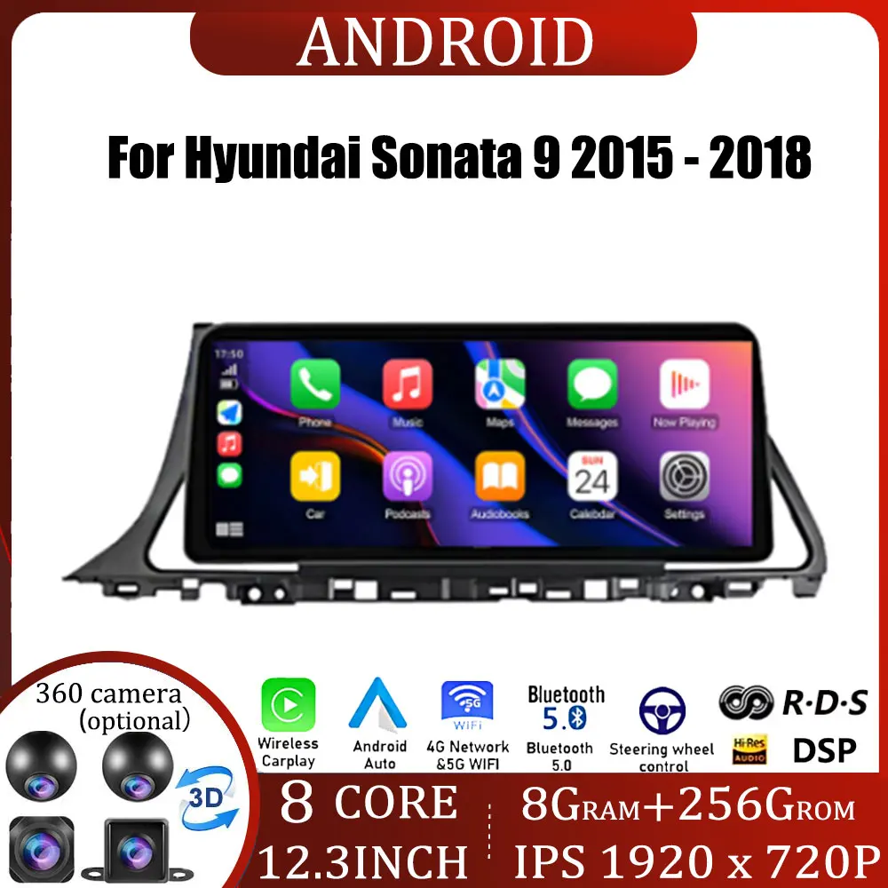 

Для Hyundai Sonata 9 2015 - 2018 12,3 дюймов Android OS автомобильный мультимедийный радиоплеер беспроводной Carplay GPS монитор Навигация BT